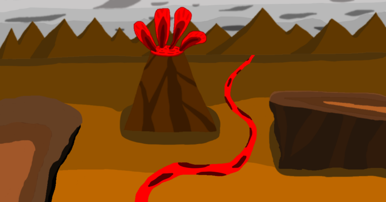 A landscape with mountains, erupting volcano, lava river, and cliffs.