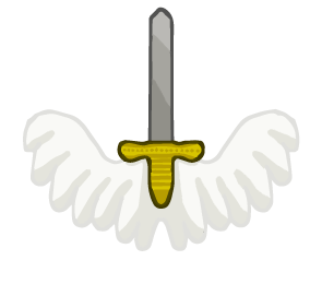 A sword with a yellow hilt with wings coming out from the hilt.