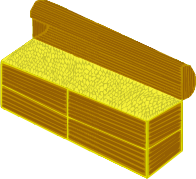 A brown treasure chest with gold lines running across its front and sides. It's open, revealing a chest full of golden coins.