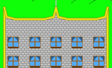 General stores appear in fantasy cities. Staffed by fantasy sales clerks, this fantasy general store one has gray stone walls, a yellow trim, blue windows and a blue-red flag atop it. The brown sign over the brown door simply reads General Store. Behind the store are hills and a blue sky with white clouds The general store is an example of a a fantasy corporation.