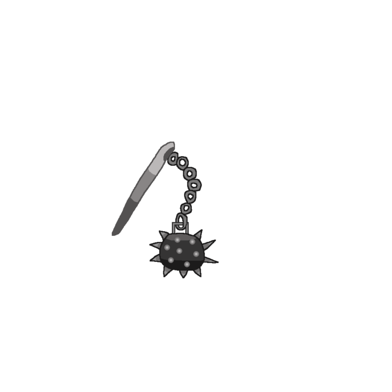 A fantasy mace ball 'n' chain. The black spiky ball has gray spikes jutting out of its side and the front. Seven gray chains bind it to the gray handle, which is just to the ball's left.