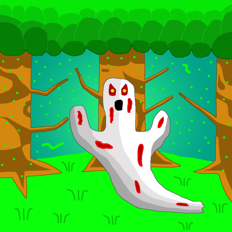 Ghost in Forest » Viernor Many fantasy forests have ghosts. This ghost has red eyes with yellow irises and an open mouth. He has several bloodstains visible on his body. Three trees stand behind him. Above the trees are the leaves. Underneath the ghost is grass, as indicated by the visible blades scattered throughout. Green spirits float in the air by the trees.