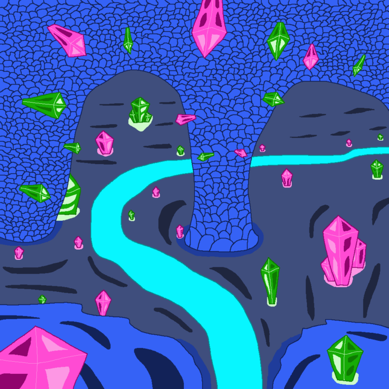 The inside of a fantasy crystal cave is full of crystals. Here, pink and green crystals are all over, from the ground all the way up to the ceiling. There's a river meandering through the cave. Crystals are one thing mined in a fantasy mine.