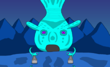 This great fish-like structure is a water dungeon. The blue fish's open mouth serves as the entrance. Above it are two purple eyes. There's different kinds of decorations on the fish like tears. In front of the great fish are 4 smaller fish statues, made by fantasy sculpturers. The sea floor is blue and the mountains in the background are a darker shade of blue.