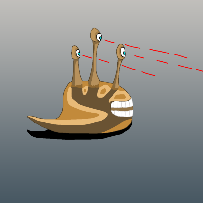 Time Dungeon Enemy » Viernor This slug-like monster is an enemy found in the time dungeon. It has three eyes that jut above its brown body. Its mouth is wide open and its blue eyes are shooting red lasers. The background is a dark gray gradient with it being lighter at the top and darker at the bottom.