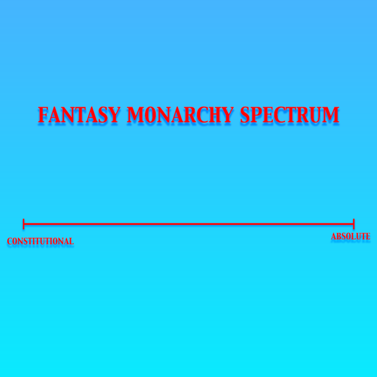 Fantasy Monarchy Spectrum » Viernor This shows a scale of the various kinds of the fantasy monarchy. On the left end is the constitutional and on the right end is the absolute. The words fantasy monarchy spectrum is above the scale. They're all in red and behind them is a blue gradient background.