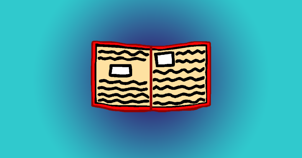 A red book that represent a guide to writing a fantasy novel. It has light brown paper and black squiggly lines representing words on the two open pages. A white picture is on each page. The novel is in front of a gradient blue background with the darker shade directly behind it and the lighter outside it. It can end on a book cliffhanger. This was written by one of many fantasy authors.