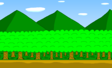 A forest with green mountains in the background and dirt in the foreground. Above the mountains is the blue sky with oval clouds. This setting is one of many examples of filler scenes. It can also be drawn by fantasy painters.