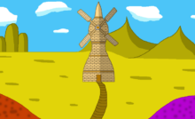 A fantasy windmill situated on a yellow grassy plain. A series of red flowers sits on the lower left and on the lower right is a bunch of purple flowers. Behind the windmill are two mountains and a great hill. Above them is the blue sky with several white clouds. A fantasy engineer worked on this building.