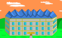 This blue-roofed building named Sal's Bakery is where the fantasy baker works. It has a gray exterior with golden beams and a brown-gold door. A gray path runs from the door to the bottom. The bakery sits atop a green grassy plain with hills in the back. Above the bakery is the orange sky with white clouds. The bakery is one place where fantasy shop owners work.