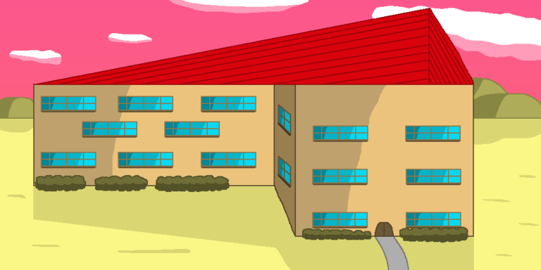 The fantasy guard works in a government building like this brown one with a sloping red roof. The building sits atop a summery yellow grassy plain with yellow hills in the background. Above them is the pink sky with white clouds.