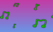 Fantasy singers sing various notes. These six green ones are in front of a purple-pink gradient background.