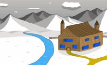 Fantasy poets live in many different places in the world. This brown colored stable with two small towers behind it sits on a wintery field. It has blue windows and a golden path runs from the door to the road. A river meanders to the left of the stable. Gray-white hills and mountains loom in the background with a gray sky and white clouds above them.