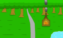 The forge is one place where a fantasy blacksmith works. This yellow shaped one has a roaring fire and smoke billowing in front of the green trees. The smithy is situated alongside a gray road in a green field with a pond in front of it. The forest sits in the background and the road runs through it.