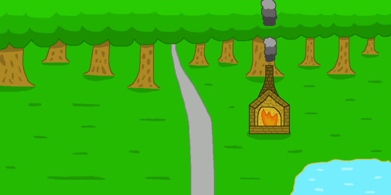 The forge is one place where a fantasy blacksmith works. This yellow shaped one has a roaring fire and smoke billowing in front of the green trees. The smithy is situated alongside a gray road in a green field with a pond in front of it. The forest sits in the background and the road runs through it.