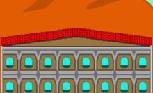 A tavern named "The Horse Dancer" where fantasy bartenders work. It a brown exterior and a silver trim. It also has light brown doors and a red roof. Behind it is a red-orange autumn field with hills. Above the hills is a light green sky with white clouds.