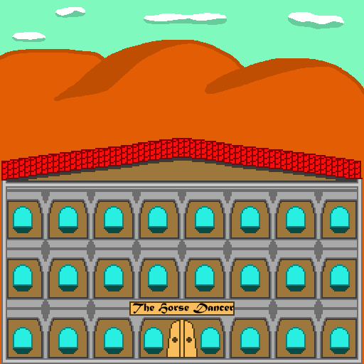 A tavern named "The Horse Dancer" where fantasy bartenders work. It a brown exterior and a silver trim. It also has light brown doors and a red roof. Behind it is a red-orange autumn field with hills. Above the hills is a light green sky with white clouds.