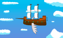 Built by a fantasy shipbuilder, this brown airship is flying through the blue sky with white clouds around it. The ship itself has two sails, 5 port windows, a gray wing on each side, a spear in the front, and two propellers in the back.