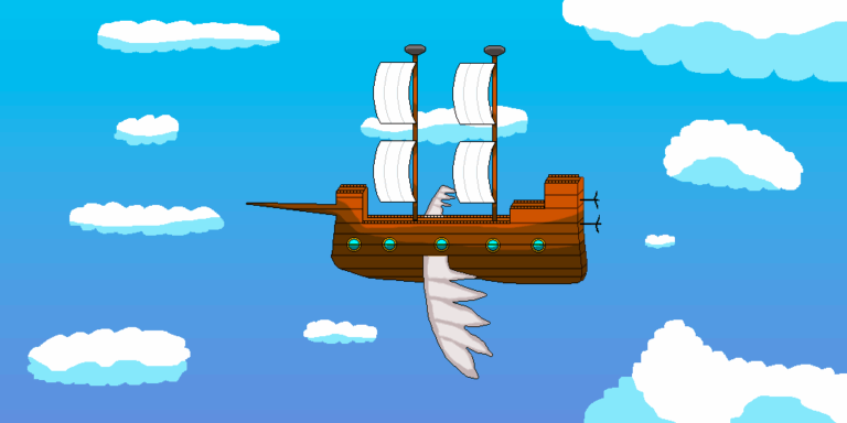 Built by a fantasy shipbuilder, this brown airship is flying through the blue sky with white clouds around it. The ship itself has two sails, 5 port windows, a gray wing on each side, a spear in the front, and two propellers in the back.
