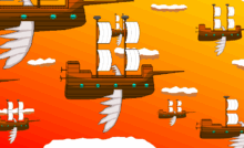 Created by a fantasy inventor, this airship fleet is soaring through an orange sky with white clouds. These 8 ships each have white sails, a brown hull, five port windows, gray wings, a spear, and two propellers in the rear.