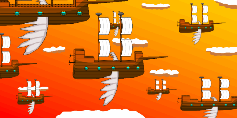 Created by a fantasy inventor, this airship fleet is soaring through an orange sky with white clouds. These 8 ships each have white sails, a brown hull, five port windows, gray wings, a spear, and two propellers in the rear.