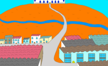 Part of a fantasy society, this city has a castle on a hilltop above it. The city has both rectangular- and square-shaped buildings with a wavy roof on each one. The buildings come in four colors: light yellow, brown, light blue, and white. The roofs come in the following colors: dark blue, red, light black, and dark brown. Many of these buildings have windows and some have a visible door. The road itself runs down the middle of the image, swaying to the right and then the left, ending at the doorstep of the castle. The road also meets two others, one that runs to the left, and the other to the right. Behind the city is a grassy autumn-like field with blades of grass scattered throughout. A river cuts through the field, meandering from the left edge to the right edge of the image. The castle itself is white with gray shadows. It has four red turrets and diamond-shaped windows. The sky above is a bright blue with several white oval clouds.