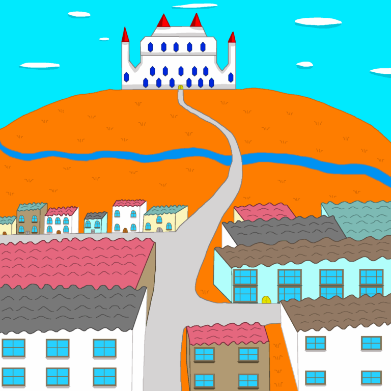 Part of a fantasy society, this city has a castle on a hilltop above it. The city has both rectangular- and square-shaped buildings with a wavy roof on each one. The buildings come in four colors: light yellow, brown, light blue, and white. The roofs come in the following colors: dark blue, red, light black, and dark brown. Many of these buildings have windows and some have a visible door. The road itself runs down the middle of the image, swaying to the right and then the left, ending at the doorstep of the castle. The road also meets two others, one that runs to the left, and the other to the right. Behind the city is a grassy autumn-like field with blades of grass scattered throughout. A river cuts through the field, meandering from the left edge to the right edge of the image. The castle itself is white with gray shadows. It has four red turrets and diamond-shaped windows. The sky above is a bright blue with several white oval clouds.
