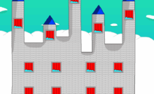 This castle is one of many that the fantasy royalty call home. This gray brick castle has 5 towers with a blue tip, 13 windows with red curtains. The castle sits atop a wintery plain with a brown road leading to the door. Behind the castle sits a series of rolling hills and above them is the greenish-bluish sky with 7 oval clouds.