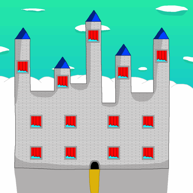 This castle is one of many that the fantasy royalty call home. This gray brick castle has 5 towers with a blue tip, 13 windows with red curtains. The castle sits atop a wintery plain with a brown road leading to the door. Behind the castle sits a series of rolling hills and above them is the greenish-bluish sky with 7 oval clouds.