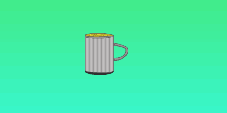 Made by a fantasy brewer, this yellow-colored ale in a gray cup with an handle is a delicious treat. The cup sits in front of a green gradient background.