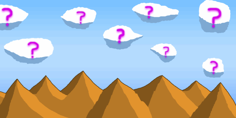 Purple question marks within white clouds above a mountain range in the blue sky. These question marks signify what goes into creating a fantasy social hierarchy.