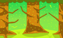 This forest in summertime is studied by a fantasy researcher. The forest has green-yellow grass, trees, and a green-yellow canopy of leaves. Green-yellow spheres float in the air.