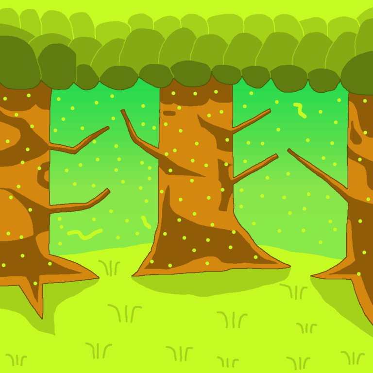 This forest in summertime is studied by a fantasy researcher. The forest has green-yellow grass, trees, and a green-yellow canopy of leaves. Green-yellow spheres float in the air.