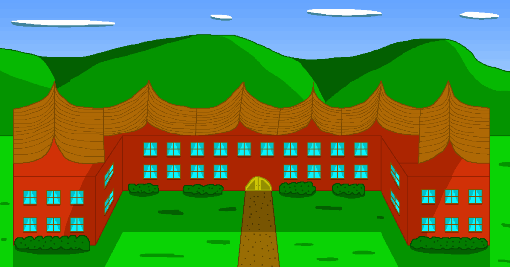 This fantasy academy is U-shaped and has a red exterior with blue windows. Its golden door sits at the end of the brown path that runs down. It is situated on a green grassy plain. The academy's brown roof lies below a series of rolling hills. Above them is the blue sky with white oval clouds.