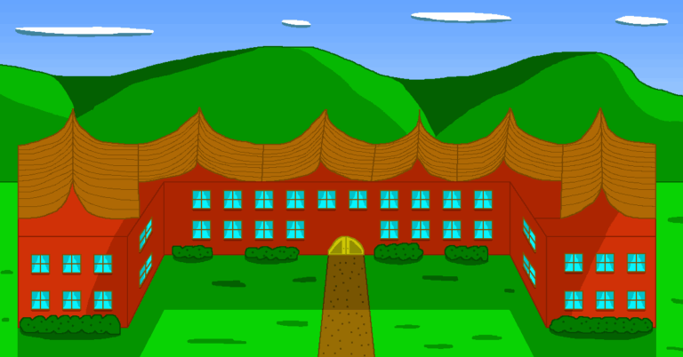 This fantasy academy is U-shaped and has a red exterior with blue windows. Its golden door sits at the end of the brown path that runs down. It is situated on a green grassy plain. The academy's brown roof lies below a series of rolling hills. Above them is the blue sky with white oval clouds.