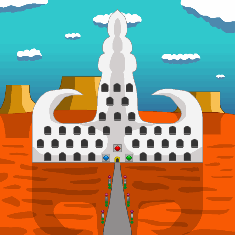 This light gray castle's shape resembles the upper body of a kraken. It has many windows and a golden trim around the door. Red, blue, and green diamond symbols surround the door. A gray path leads to the door and pink diamond statues line it. The castle sits atop an autumn grassy plain with several mesas in the background. Above them is the blue sky with seven white clouds. This castle is one of many that the fantasy nobility call home.