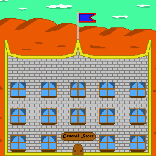 Fantasy merchants run shops like this general store. The store has a gray brick exterior with a golden trim, blue windows, a brown door with a sign saying 'General Store" above it. A blue-red flag is flying above the shop. The store sits in an autumn-like grassy plain with rolling hills in the background. Above the hills is a light green sky with five clouds.