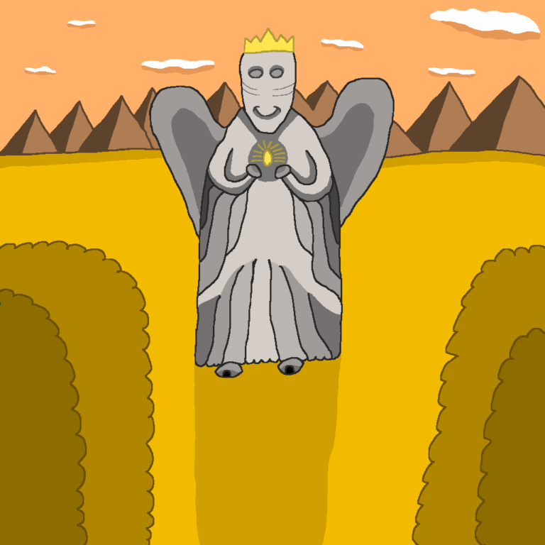 The fantasy clergy live in buildings like this goddess-shaped one. It has a gray exterior, wings, a golden crown, and its two hands seem to be holding a golden object. At its feet are two small black doors. The building sits in a golden grassy plain, flanked by a similarly colored forest on each side. Behind it is a mountain range and above is a pale orange sky with white clouds.