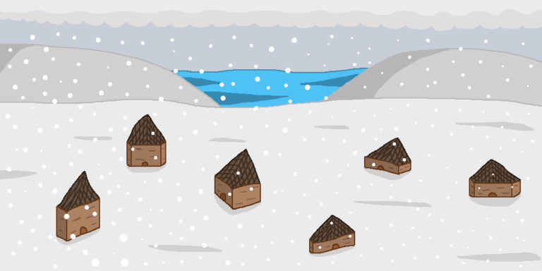Fantasy peasants like in small homes like these six brown-colored ones with the same colored roofs and doors. The houses sit on a wintery grassy plain with a hill on the left and right side. In-between the hills is the ocean. Above them is a gray sky with a large white cloud. Snowflakes are falling all over.