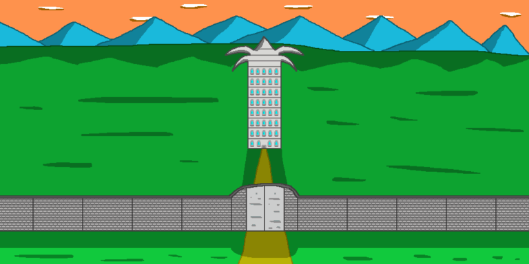 A gray tower with five spires at its peak in the middle of a grassy field. It has many blue windows. A golden road runs from its door past the wall which is one of many defensive fantasy fortifications you see in the genre. Behind the tower looms a blue mountain range and a orange sky with oval clouds.
