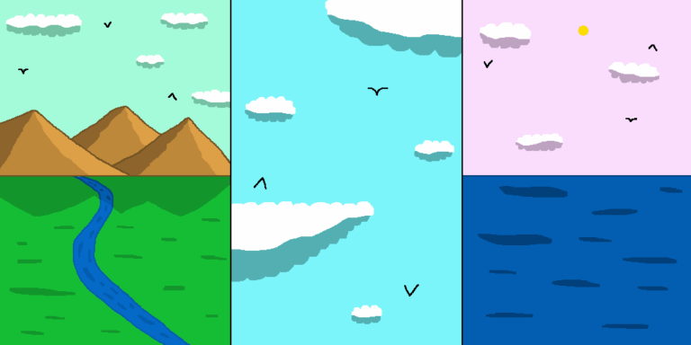 A three-way split screen showing the three main fantasy military branches. The left one shows a river meandering through a grassy plain with mountains in the background. Above them is a light green sky with clouds. The middle one depicts a blue sky with clouds. The right one shows an ocean with a light pink sky with the sun and several clouds. Black birds appear in all three sides.