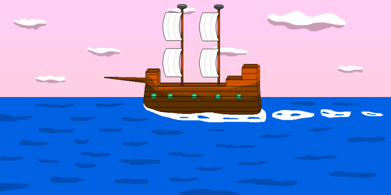 One of several fantasy navy ships, this galleon is sailing on the water. It has four sails, 5 port windows. The sky is pink and has white clouds.