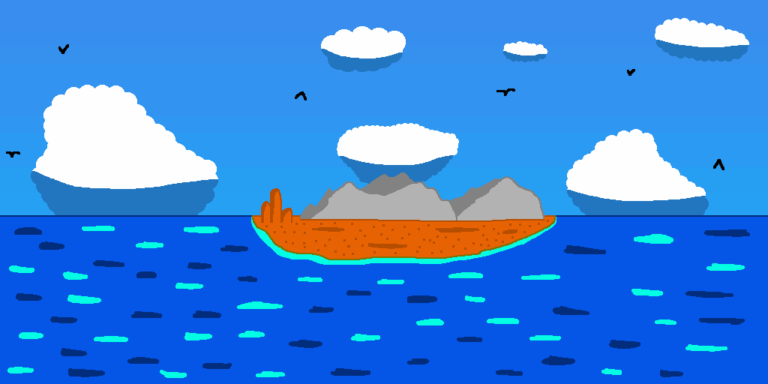 An undiscovered island in the middle of the ocean with an autumn grassy plain and gray mountains. Above the island is the blue sky with several black birds flying. Exploring this island is the responsibility of one of the fantasy navy branches.