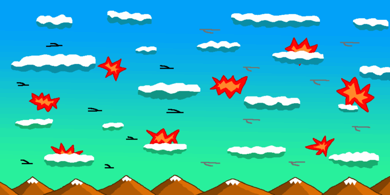 An example of the fantasy airforce and war, this battle in the skies is between black h-shaped fighters and gray r-shaped fighters. A series of red-orange explosions appear here and there. The sky is greenish-bluish with white clouds and sits over a snowy mountain range.