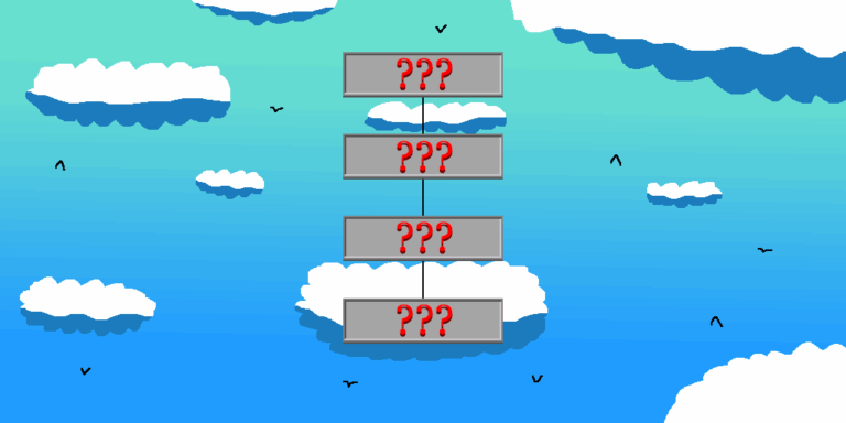 A series of 4 gray boxes with 3 red question marks, representing the fantasy airforce hierarchy, lined up from top to bottom. A black line connects the higher one to the lower one and repeats until it reaches the bottommost one. In the background is the blue sky with several white clouds and black birds flying.