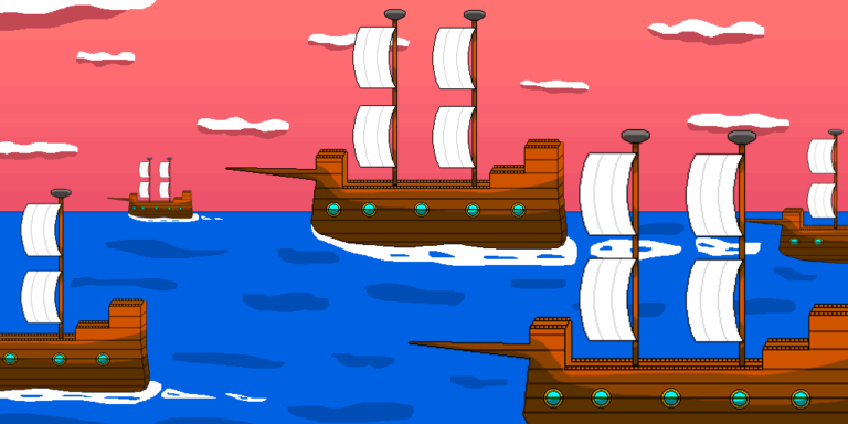Armadas are a popular sight of the fantasy navy and war. Five galleon-like ships are cruising on a blue ocean with a reddish sky and white clouds above. Each ship features white sails and blue port windows.