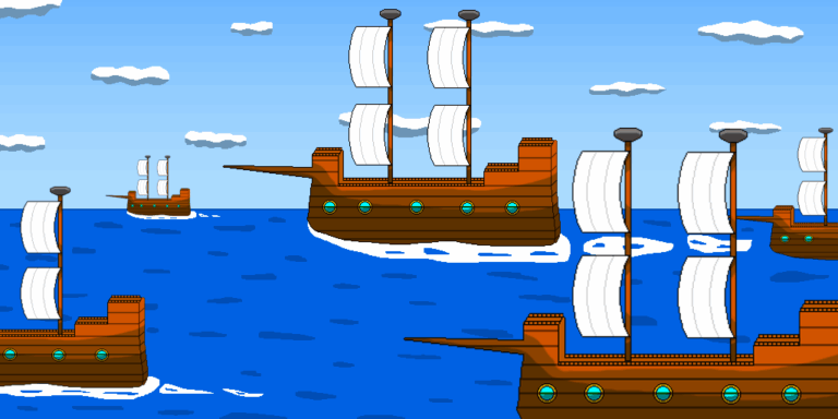 Five galleon-like ships are cruising on a blue ocean with a reddish sky and white clouds above. Each ship features white sails and blue port windows. These ships play parts in fantasy naval campaigns.
