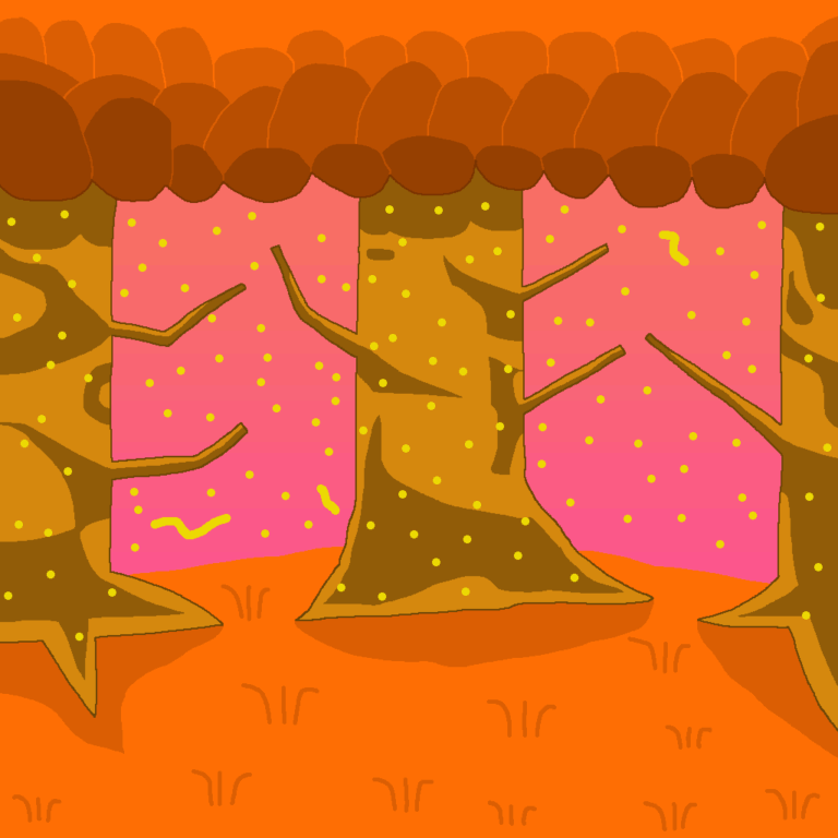 A forest in autumn, as seen by its red leaves and grass. Yellow bits of magic float in the air. This enchanted forest is an example of magic in the world.