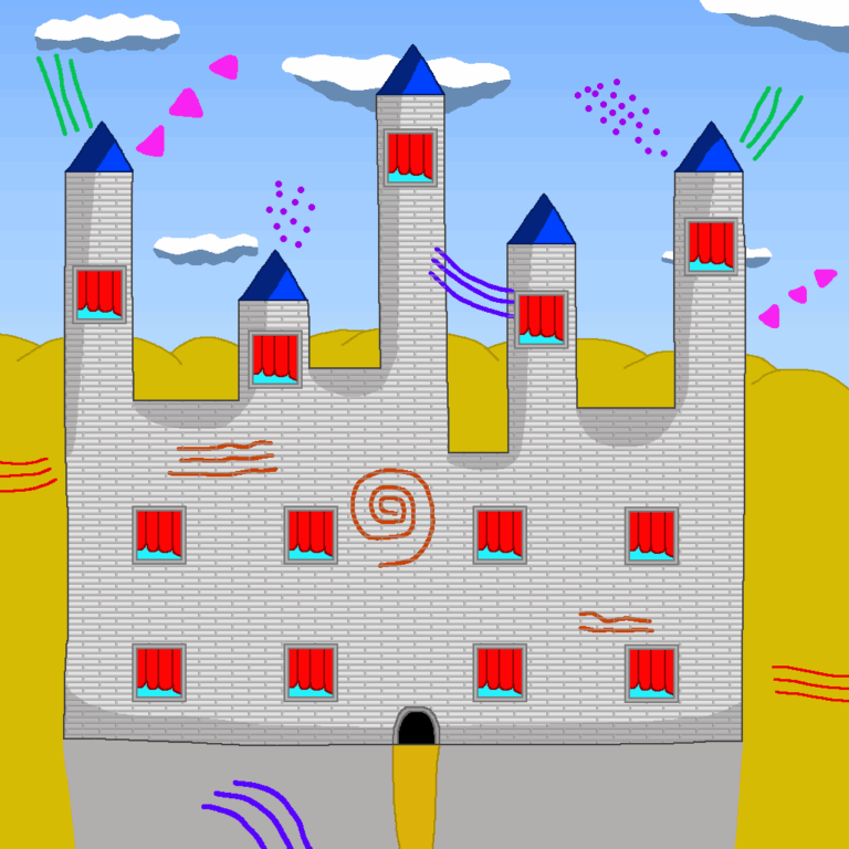 A gray castle with a brick texture and also has blue sloped roofs. It has 13 windows and a black door. A golden path runs from it to the bottom. The castle sits on a golden plain with hills in the background. Above them is a blue sky with white clouds. The various colored spells (orange, blue, red, green, purple, and pink) signify this castle is the seat of one of the many magical governments found in the genre.