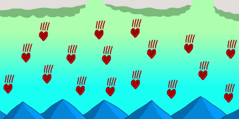A green-blue sky with hearts raining from gray clouds to the blue mountains. The hearts serve as a representation of the power of the magic of love.